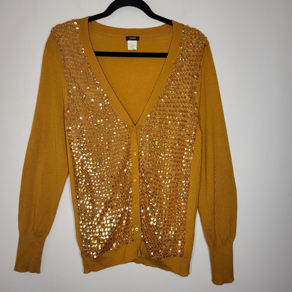 J. Crew Stunning Gold Sequined V-Neck Sweater Size L Long Sleeves Merino Wool